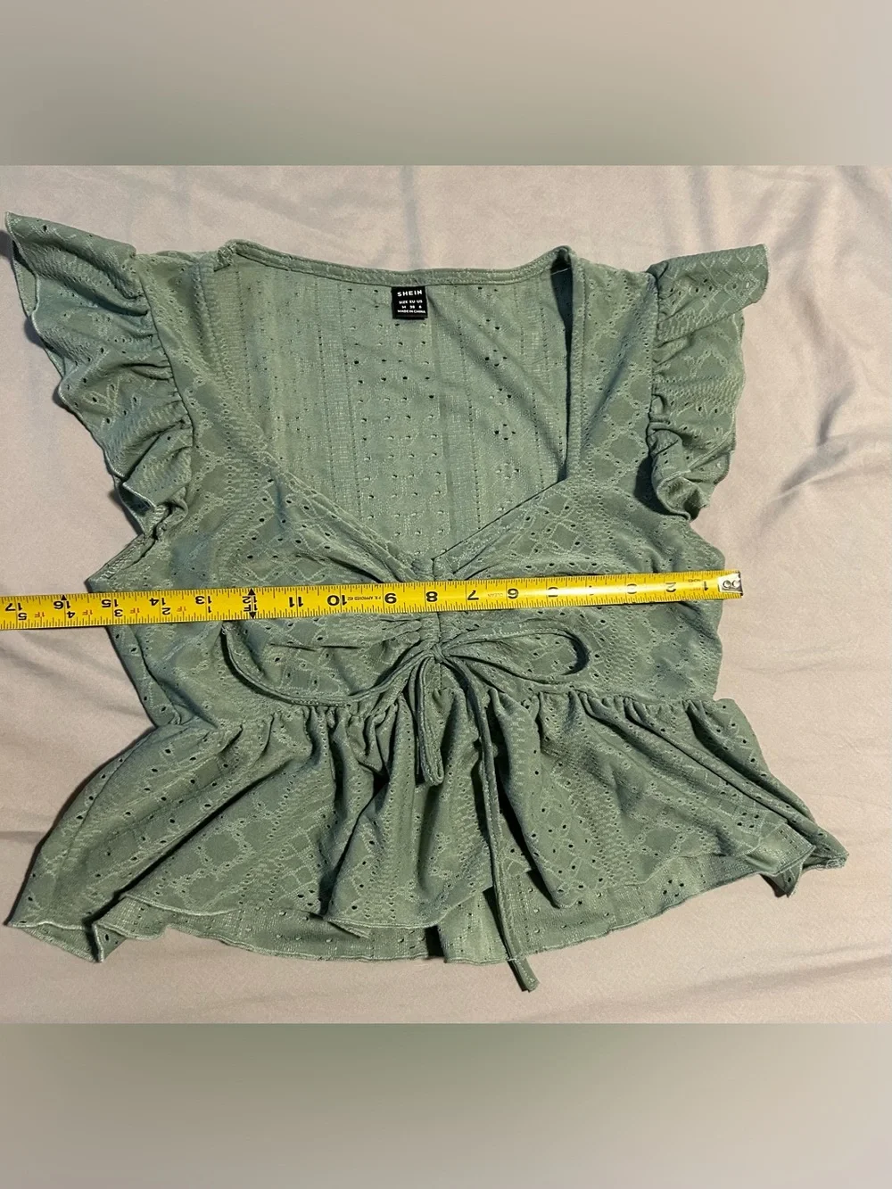 SHEIN Sage Green Eyelet Tie-Front Peplum Blouse- s/m - Picture 3 of 5